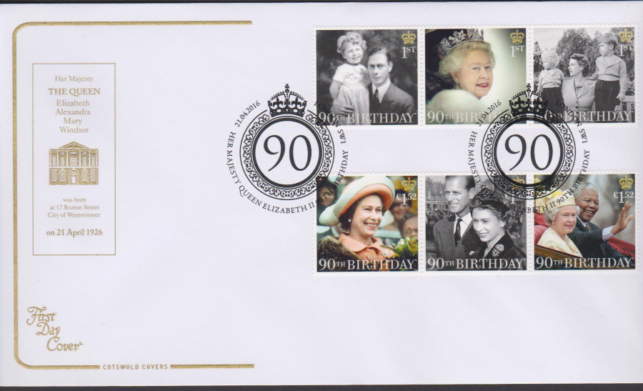 2016 - Queen's 90th Birthday, COTSWOLD First Day Cover, 90th Birthday London SW1 Postmark - Click Image to Close